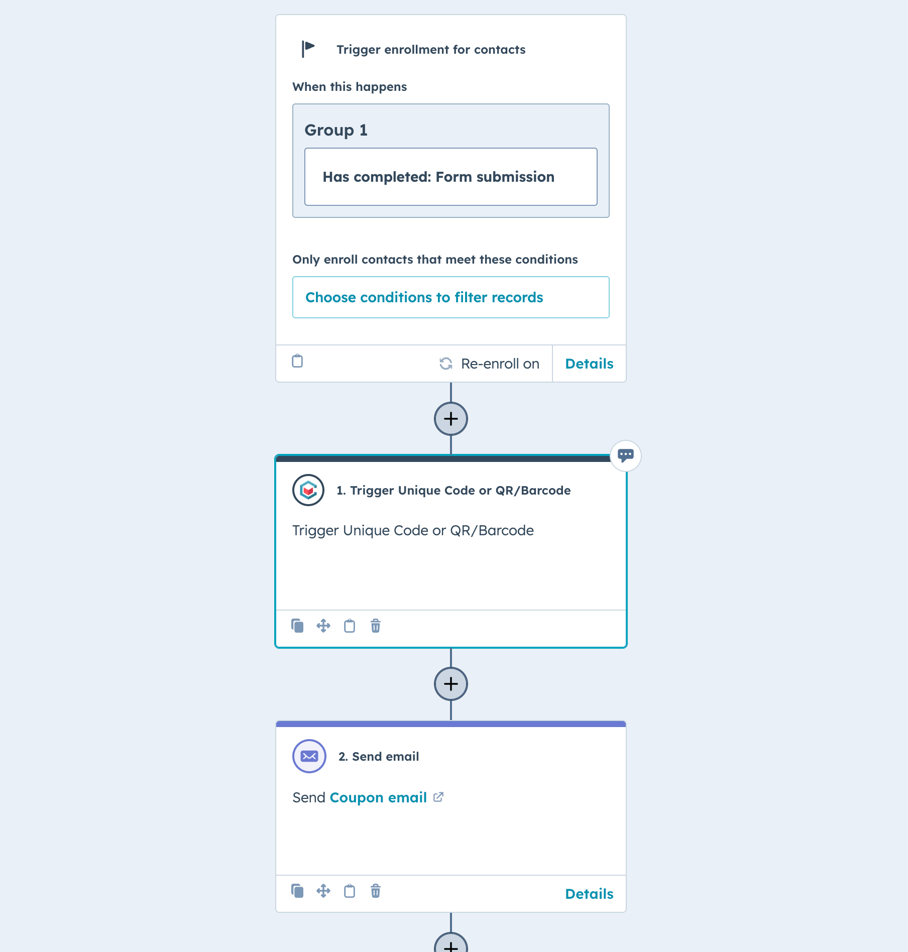 Screenshot of the HubSpot Workflow builder showing the Coupon Carrier action.