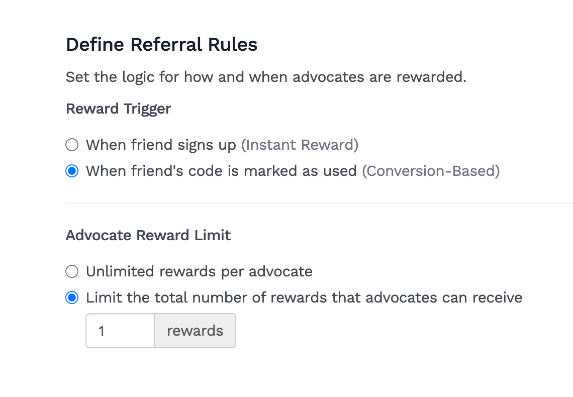 Screenshot of the Conversion-Based Reward setting in the Referral Program editor.