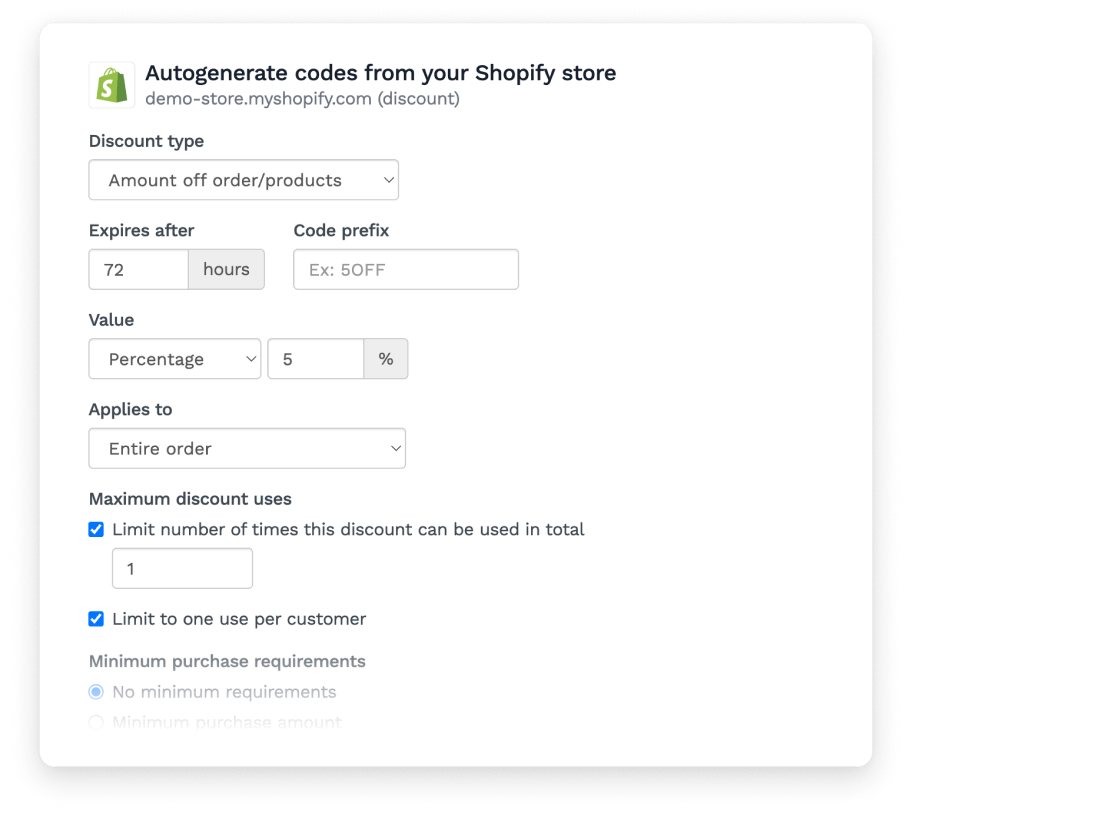 Screenshot of Shopify autogenerated code list settings