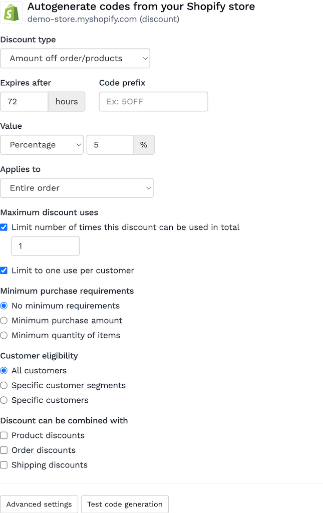 Screenshot of discount settings for Shopify in Coupon Carrier
